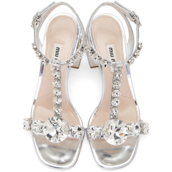 Like New In Box Miu Miu Silver Crystal Embellished Block Heel Argento Sandal 39 - Picture 2 of 6